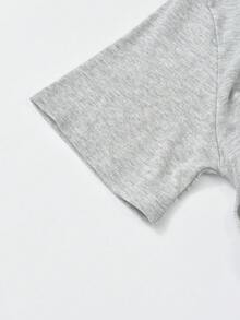 女士纯色领口短袖休闲T恤，夏季 - 淺灰色 - 查看 3