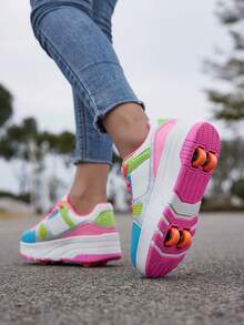 Wheeled Sneakers With Detachable Wheels, Suitable For Boys And Girls, Low-Top Lace Up Style, Lightweight, Durable And Anti-Slip, Suitable For Outdoor Activities - Hot Pink - View 3