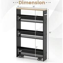 Slim Rolling Storage Cart, 4-Tier Rolling Utility Cart, Wood Kitchen Storage Cart With Handle & Wheels, Narrow Rolling Shelving Unit For Kitchen Bathroom Laundry Small Places