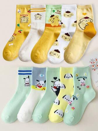  5/10 Pairs Random Women's Sanrio Cartoon Pom Pom Purin Pochacco Cute Anime Style Comfortable Breathable Mid-Calf Socks Christmas Gift