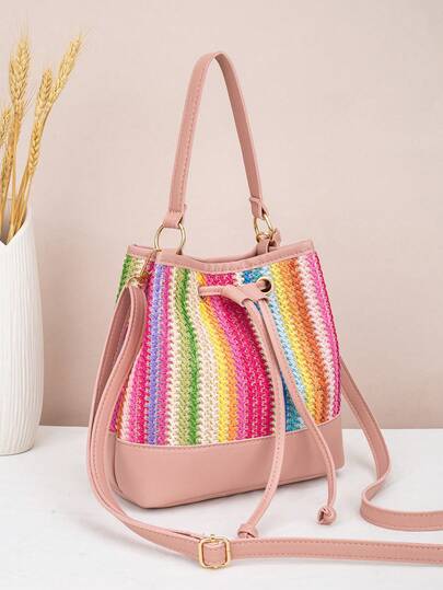 Large Capacity Women's Drawstring Bucket Tote Bag, Versatile Daily Beach Bag, Summer New Canvas Crossbody Straw Handbag