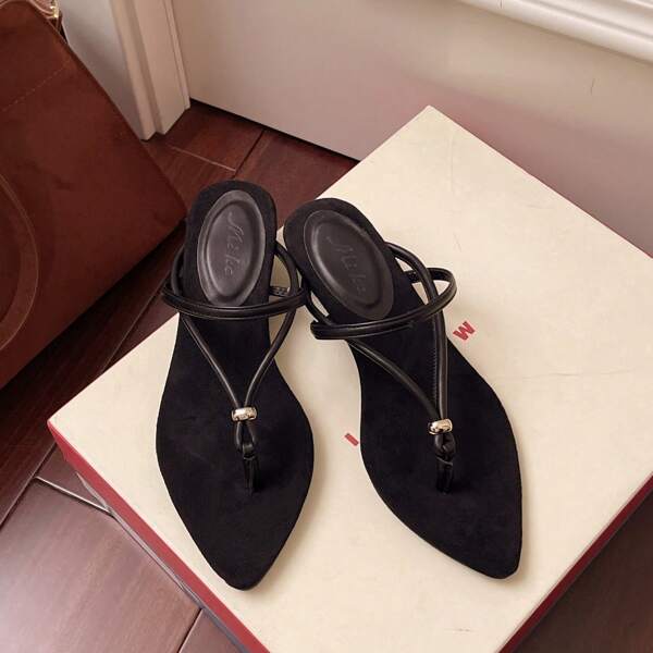 Women's Summer New Pointed Toe Mid-Heel Sandals, Elegant Rhinestone Decorated Chunky Heel Flip Flops, Chinese Style Sexy