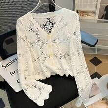 甜美 V 领蕾丝开衫，轻盈女士夏季新款设计防晒外套上衣 - 米色 - 查看 4