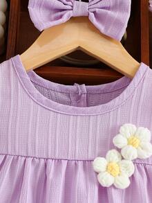2pcs/Set Baby Girl Solid Color Casual Cute Handmade 3D Flower Cap Sleeve Dress And Headband Set - Purple - View 4