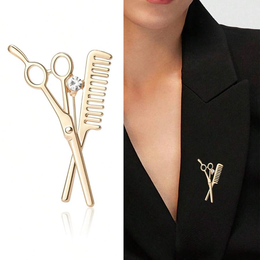 Jewelry Korean Hairstylist Brooch, Men's Rhinestone Barber Badge Pin, Scissors Comb Small Suit Lapel Pin Autumn-Winter Accessories,Suitable For Teens, Youth,Men,Casual, Outdoor, Athletic, Vacation, Graduation Gifts, Birthday, Daily Wear Halloween Halloween Accessories Teachers Day Christmas - Multicolor - View 1