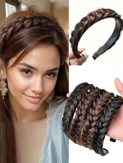 1 pieza Diadema de peluca sintética con hueso de pescado esponjoso antideslizante, diadema trenzada para lavarse la cara, diadema de peluca trenzada con hueso de pescado, accesorio para el cabello para uso diario y de novia, diadema, aros para el cabello