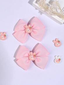 2pcs Kids Pink Rabbit Animal Strawberry Bow Hair Clips, Suitable For Children And Spring Season - Multicolor - View 6