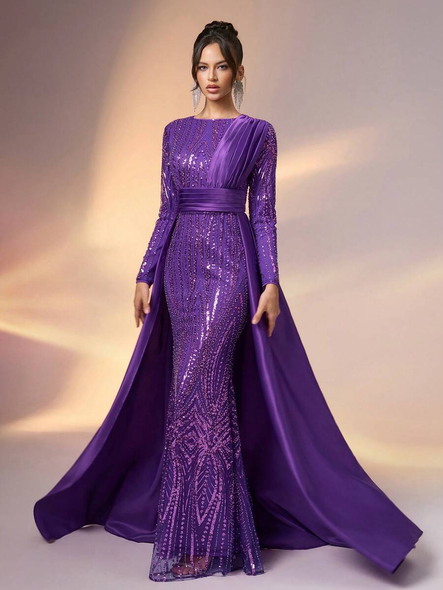 YISIKADO Women's Formal Ball Gown Luxurious Elegant Sequin Contrast Satin Long Sleeve Dress - 紫色 - 查看 1