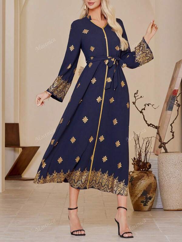 Foil Floral Decorated A-Line Arabic Style Dress,Modest