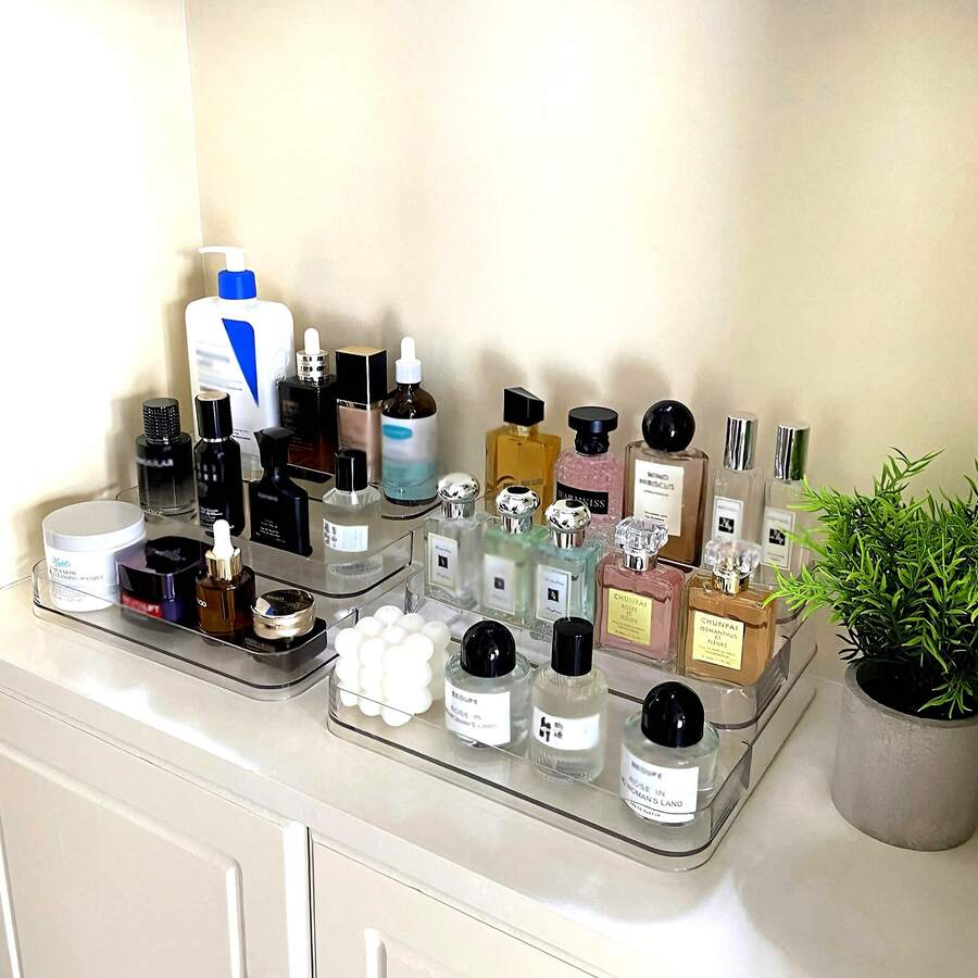 1pc Transparent Makeup Organizer, Perfume & Nail Polish Storage Box, Cosmetics Display Rack, Multi-Layer Trapezoid Storage Rack, Foldable Makeup Organizer, Fun Gift - Clear - View 1