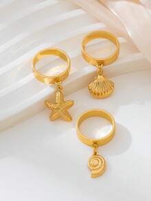 3pcs/Set Fashionable Casual Beach Style Starfish, Shell, Conch Rings, Suitable For All Seasons And Beachside Vacation - Ocean Series - View 3