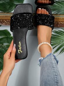 Sandalias planas de mujer con talla grande, negras con adornos de strass, calzado de playa versátil y de unicolor lujoso, zapatos ligeros y casuales de verano antideslizantes, tallas del 35 al 43 - Negro - Ver 1