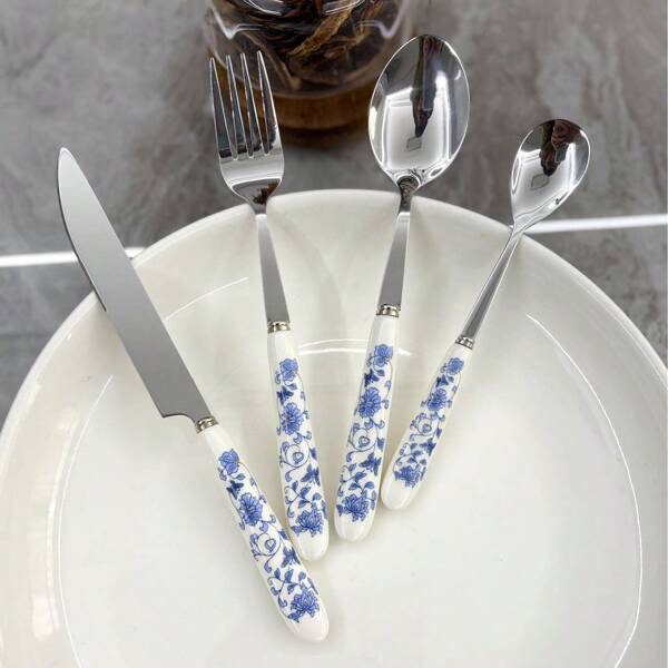 4-delige Floral Chinoiserie bestekset van roestvrij staal met keramische handgreep, gepolijste bestekset met steakmes, vork, koffielepel en soeplepel, geschikt voor thuis, restaurants, keukens, dagelijks eten, desserts en ijs, schoolbenodigdheden