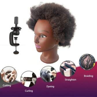 Afro Kinky Curly Real 100% Human Hair Mannequin Head With Stand For Hairdresser Practice Cosmetology Manikin Doll Training Head Braiding Styling Cutting Updos