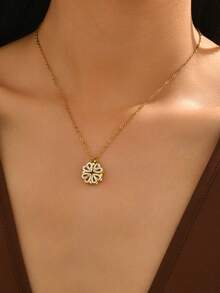 1pc Classic Rhinestone Clover Necklace, Versatile Stainless Steel Elegant Necklace Gift For Women - Gold - View 1