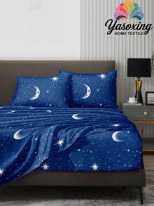 4 件套蓝色月亮星星图案床单套件易于护理超细纤维柔软床上用品套装花卉床笠套件（1 件床单+1 件床笠+2 个枕套）床笠套件特大号双人床尺寸床单深口袋最大 11.8 英寸枕套，柔软透气防皱，更适合睡眠，豪华酒店风格，送给妈妈爸爸朋友的礼物