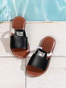 1 Pair Girls Open Toe Breathable Flat Sandals, Round Toe, Fashionable & Cute Roman Style, Suitable For 3-12 Years Old Kids, Fit For Holiday, Party, Summer - Black - View 5