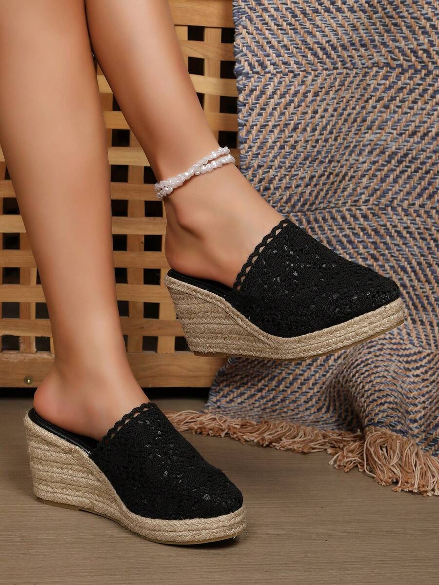 Soft & Breathable Closed Toe Hemp Rope Wedge Slide Sandals, Fashionable & Lightweight