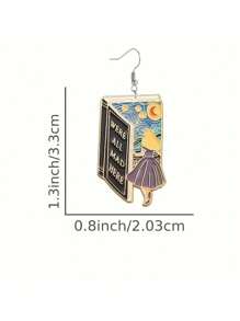 A Pair Of Art Fairy Tale Book Earrings Featuring 2D Flat Alice Images And Classic Quotes For Casual Gatherings. Acrylic Everyday Wear Earrings For Men And Women