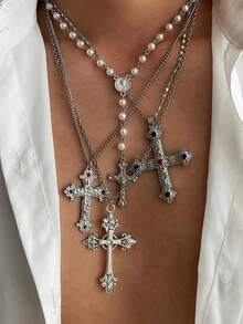 4pcs/Set Rhinestone Crucifix Pendant Necklace, Punk Hip-Hop Splicing Sweater Chain, Stylish Streetwear Jewelry For Men And Women, 2025 Spring/Summer Accessory Gift - Multicolor - View 15