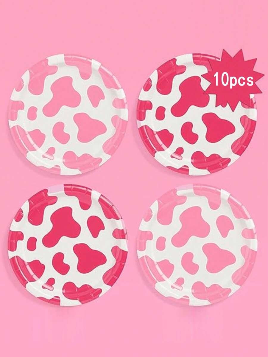 10pcs Pink Cow Print Paper Tray- 7 "/9" Plate, Dinner Tray, Disposable Paper Tray, Bachelorette Party Decor, Last Rodeo, Rodeo Birthday Party, Cool Cake Plate
