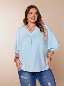 Plus Size Women Elegant Minimalist Solid Color V-Neck Batwing Sleeve Soft Blue Summer Top