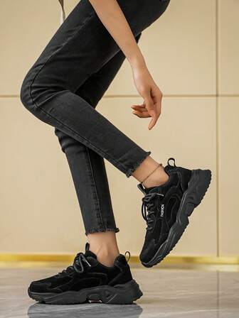 （小码）女士新款百搭纯色复古中性风格厚底户外休闲步行运动鞋，运动跑步日常情侣鞋