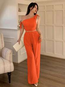 abyoxi 两件套：橙色性感不对称领口系带腰身极简上衣和阔腿裤，休闲套装，适合通勤、度假、海滩、春夏穿着。 - 橘色 - 查看 4