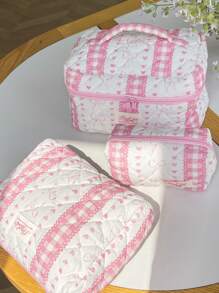 1 Piece Plaid Lace Quilted Pink Zipper Bag Sweet Style Large Capacity Bow&Love Portable Zipper Makeup Bags Fashionable Portable Makeup Bag, Multi-Functional Storage Bag For Lipstick, Sanitary Napkin, Coins, Keys Etc Women Skincare Organizer Bag Print Flower Makeup Organizer Storage Bag Graduation