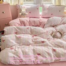 3/4pcs Cute Bow Print Duvet Cover Set, Simple Colorful Striped Bedding Set, Super Soft Microfiber Bed Linen Set, Suitable For Children, Teens And Adults (1 Duvet Cover + 1 Flat Sheet + 1/2 Pillow Covers, Excluding Filler) - Pink - View 11