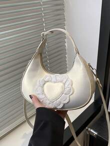 1pc Zipper Closure Solid Color PU Woven Handbag, Vintage Fashion Versatile Crescent Moon Shaped Shoulder Crossbody Bag, Suitable For Women Dating, Daily Use, And Gift - White - View 7