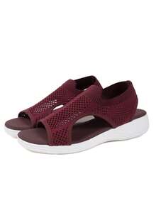 Plus Size Women Casual Sport Slip-On Sandals, Lightweight And Comfortable Fashion Breathable Net Mesh Versatile Sandals (Runs Small By 1 Size) - Burgundy - View 3