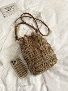 Women's Holiday Bohemian Drawstring Straw Bucket Tote Shoulder Bag - Khaki - View 6