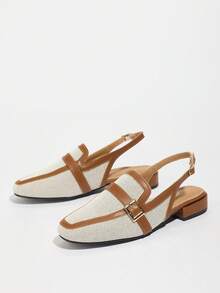 Damen atmungsaktive rückenfreie Mules Flats, Kontrastfarbenes Design mit geschlossener Zehenpartie und niedrigem Absatz, beige Leinenschuhe für Frühling/Sommer - Braun - Übersicht 6