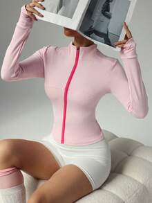 Women's Spring/Autumn New Zip-Up Sports Jacket - Slim Fit, Designed For Outdoor Running, Yoga, Pilates And Gym Workouts. Lightweight, Stretchy And Comfortable. Can Be Worn As A Layer Or Standalone, Ideal For Training, Commuting And Leisure. - Pink - View 5