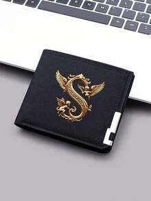 1pc Ultra-Thin Canvas Wallet With Gold Letter And Angel Wing Design - Black Zipper Coin Purse, Fashionable Daily Card And Small Change Holder - Black - View 9
