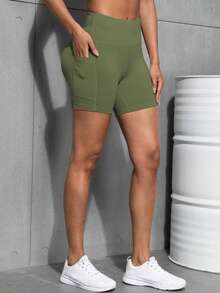 女式户外口袋健身短裤，高腰提臀健身运动短裤 - 軍綠色 - 查看 4