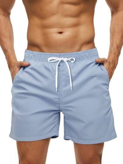 Shorts de playa informales para hombres con cintura con cordón de unicolor