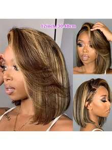 Lace Front Bob, Short Straight Hair, Real Human Hair Quality - Gold Gradient, High Gloss, Pre-Pull Hairline, No Glue, Comfortable Fit For Daily And Special Occasions, Natural Style, Versatile, 180% Density - Gold - View 6