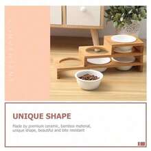 陶瓷猫碗带木架 - 适用于猫和小狗的加高三重喂食器 - 白色 - 查看 4