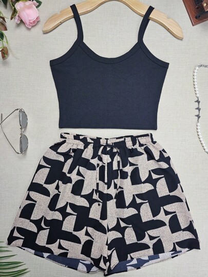 conjuntos Cropped Top De Alcinha Simples básico Regata+Short Curto estampados