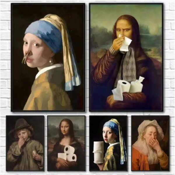 1 Pc Optional Frame Posters Wall Arts Funny Bathroom Toilet Decoration Painting Mona Lisa Wearing Pearls Girl With Roll Paper Canvas Prints Posters Home Wall Decor ,Wall Art With Frame