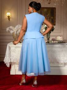 Plus Size Women Sleeveless Blazer Dress V Neck Asymmetrical Ruffle With Big Flower A-Line Swing Dresses