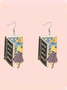 A Pair Of Art Fairy Tale Book Earrings Featuring 2D Flat Alice Images And Classic Quotes For Casual Gatherings. Acrylic Everyday Wear Earrings For Men And Women