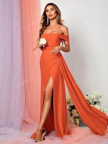 Faeriesty Elegant Satin Off-Shoulder Evening Gown With High-Slit Hem | Perfect For Bridesmaids, Evening Parties, Luxury Weddings, Galas, Or Red Carpet Appearances Bridesmaid Dress