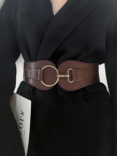 1pc Women's Coffee Color Minimalist Basic Elastic Waist Belt, Suitable For Halloween Party Or Daily Outfit Matching