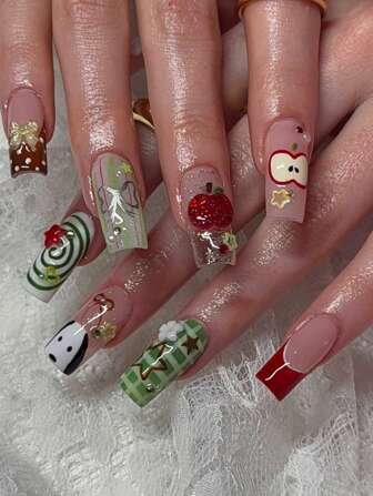 24 Pcs Long Square Press On Nails Gift Box Spring Shade Leaves Grass Green Checkerboard Hand-Painted Cute Dog Fine Flash Red Apple Three-Dimensional Five-Pointed Star Hollow Color Solid Stars Love Sequins Bright Yellow Bow Yellow Starfish Polka Dots Summer Beach, Party Portable Fake Nails With Jelly Glue 1 Piece Roll 1