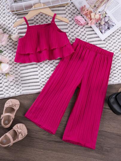 2pcs/Set Girls' Solid Color Sleeveless Top And Wide Leg Pants Set, Summer