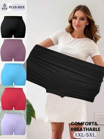 5pcs/Pack Plus Size Women Soft Breathable Seamless Mid-Rise Panties, Colorful Elegant Style, High Waist Comfortable Knitted Fabric, Suitable For Cycling, Fitness, Work, Yoga, Sleeping And Daily Sports, All Seasons, Multi Size 1XL-5XL