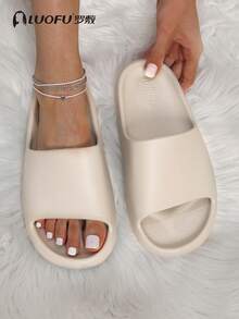luofu Neutral Women Single Band Open Toe Slides, Fashion Beige Solid Outdoor Slides - Apricot - View 2